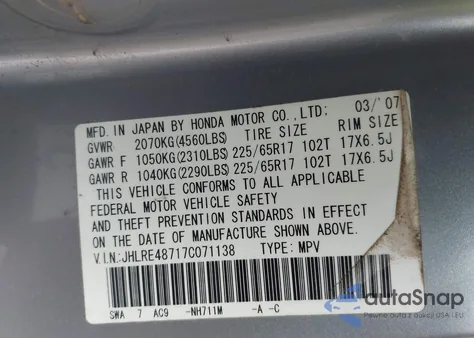 2007 Honda Cr-V Ex-L from USA, damaged, VIN JHLRE48717C071138